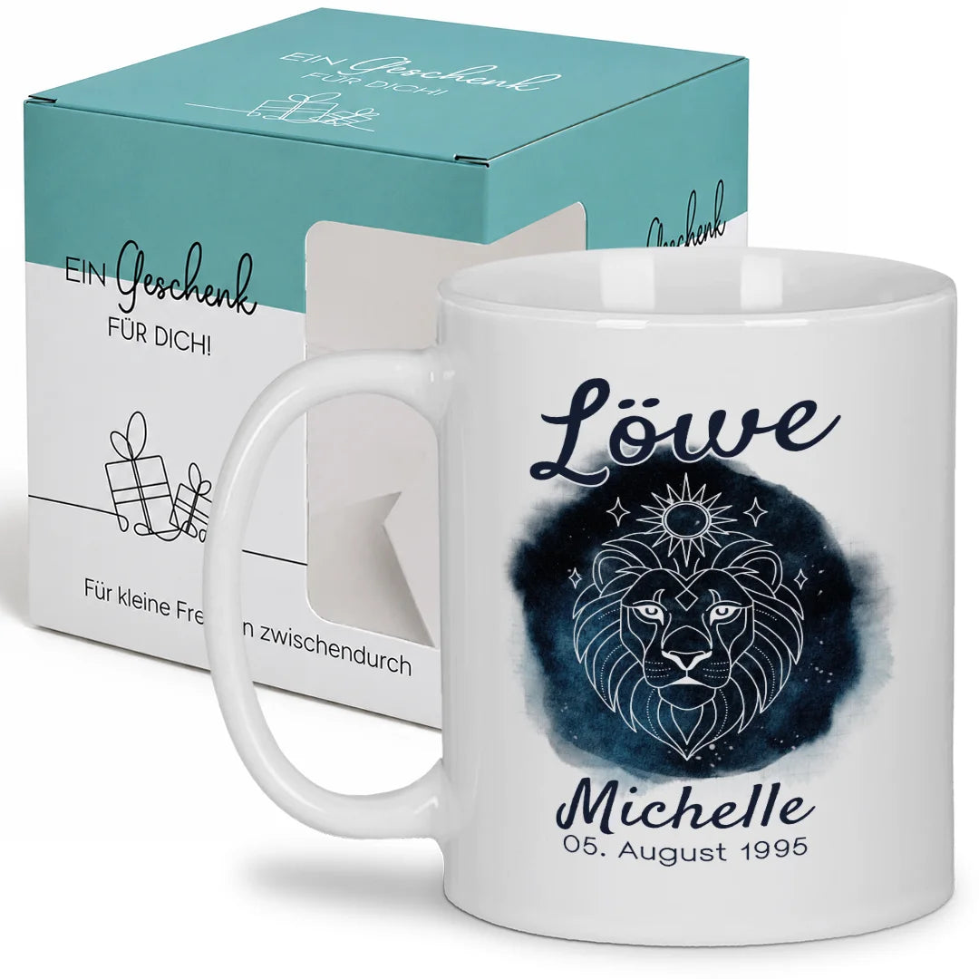 Sternzeichen Löwe Personalisierbar – Tasse in Weiß mit Geschenkkarton – Ansicht 01 #farbe_weiss