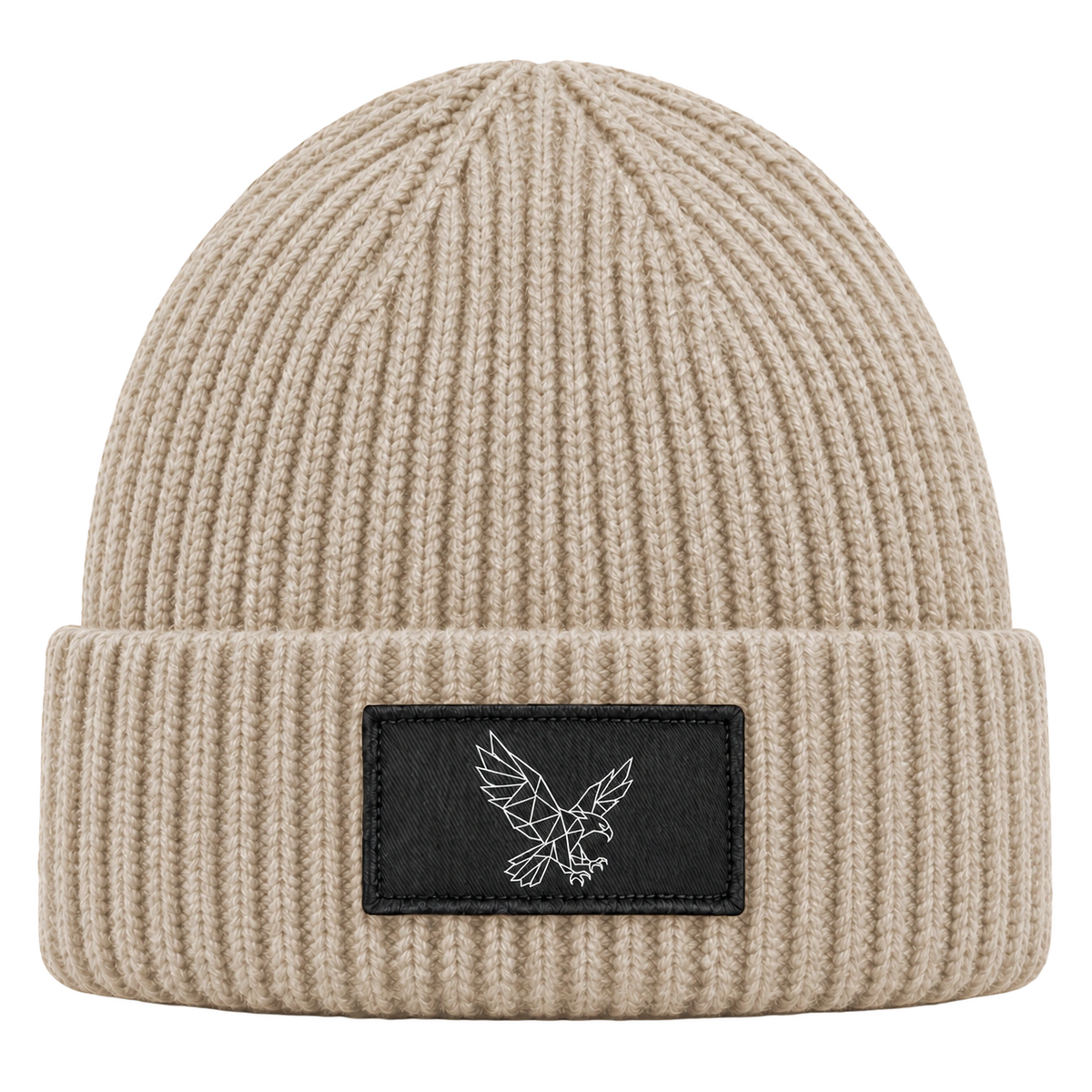 Beige Rippstrick-Beanie mit Adlermotiv
