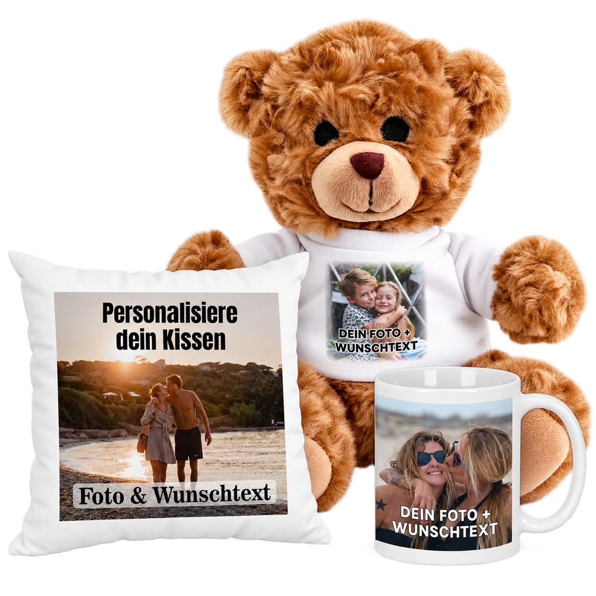 Produktmix mit personalisiertem Teddybär, Fotokissen und Fototasse